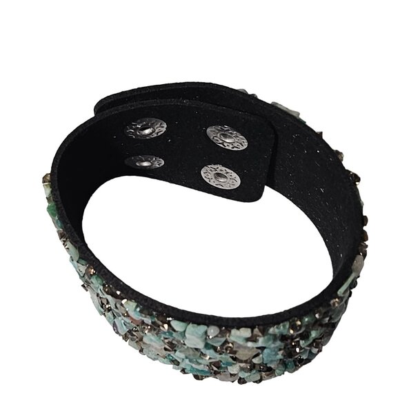 Boho Handmade Gemstone Chips Wide Leather Cuff Bracelet Natural Spiritual Snap - Picture 2 of 7